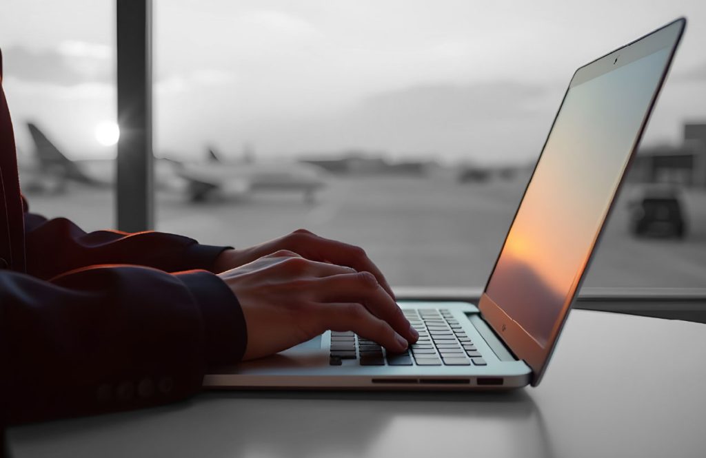 person typing at computer with text-only on screen