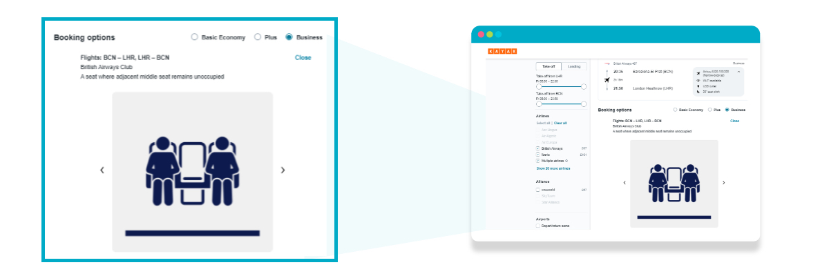 screenshot of Kayak display showing seat infographic with middle seat open