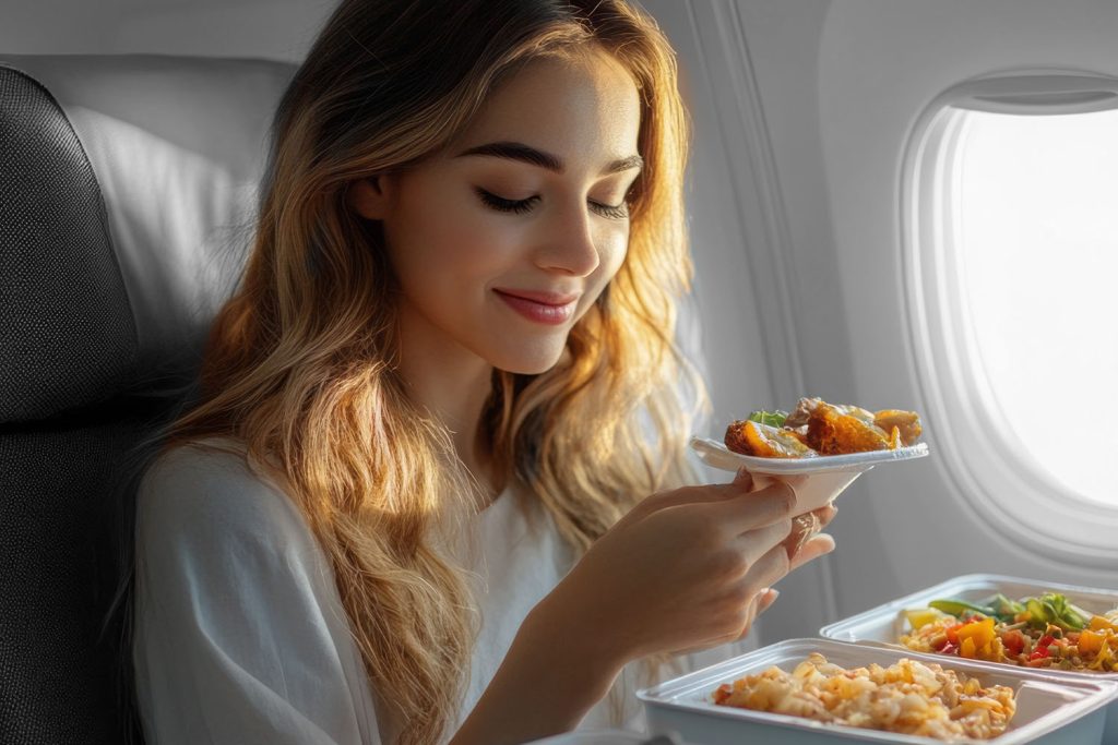 woman eating inflight meal